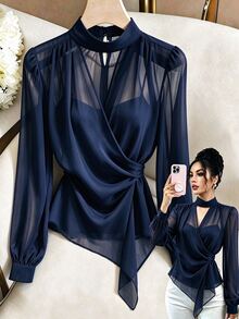 SHEIN Franclia Elegant Stand Collar Chiffon Tie-Front Blouse For Women, Suitable For Commuting And Dating - Navy Blue - View 1