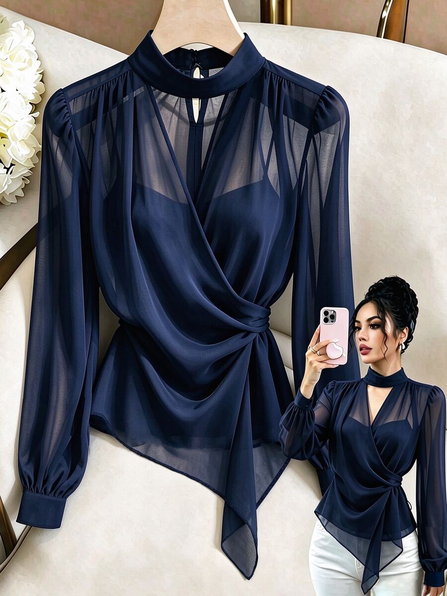 SHEIN Franclia Elegant Stand Collar Chiffon Tie-Front Blouse For Women, Suitable For Commuting And Dating - Navy Blue - View 1