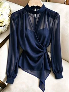 SHEIN Franclia Elegant Stand Collar Chiffon Tie-Front Blouse For Women, Suitable For Commuting And Dating - Navy Blue - View 3