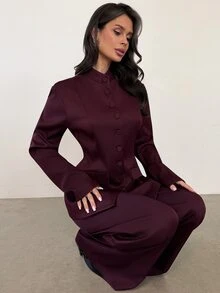 Firerie Women's Solid Color Long Sleeve Jacket And Pants Casual Commute Suit Set - Red Violet - View 5