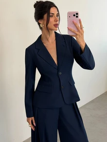 Firerie Autumn/Winter Elegant Commute Solid Navy Blue Long Sleeve Blazer & Pants Suit Set, Suitable For Office Wear, Women's Suit Set - Navy Blue - View 4