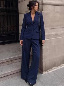 Firerie Autumn/Winter Elegant Commute Solid Navy Blue Long Sleeve Blazer & Pants Suit Set, Suitable For Office Wear, Women's Suit Set - Navy Blue - View 1