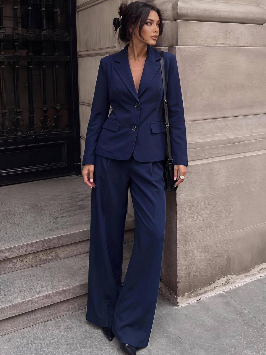 Firerie Autumn/Winter Elegant Commute Solid Navy Blue Long Sleeve Blazer & Pants Suit Set, Suitable For Office Wear, Women's Suit Set - Navy Blue - View 1