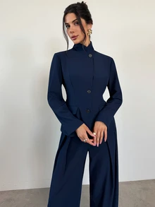 Firerie Autumn/Winter Elegant Commute Solid Navy Blue Long Sleeve Blazer & Pants Suit Set, Suitable For Office Wear, Women's Suit Set - Navy Blue - View 6