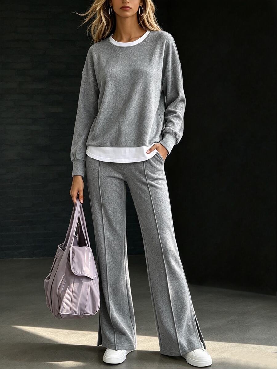 Holdful Holdful Women's 2pcs Set Autumn/Winter Casual Textured Fabric Colorblock Patchwork Round Neck Long Sleeve Loose Top Wide Leg Split Hem Pant Lounge Grey - Grey - View 1