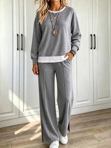 Holdful Holdful Women's 2pcs Set Autumn/Winter Casual Textured Fabric Colorblock Patchwork Round Neck Long Sleeve Loose Top Wide Leg Split Hem Pant Lounge Grey - Grey - View 6