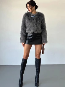 SHEIN Holidaya Autumn/Winter New High-End Fashion Faux Fur High Waist Round Neck Jacket - Grey - View 7