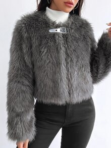 SHEIN Holidaya Autumn/Winter New High-End Fashion Faux Fur High Waist Round Neck Jacket - Grey - View 6