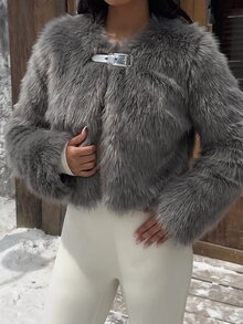 SHEIN Holidaya Autumn/Winter New High-End Fashion Faux Fur High Waist Round Neck Jacket - Grey - View 1