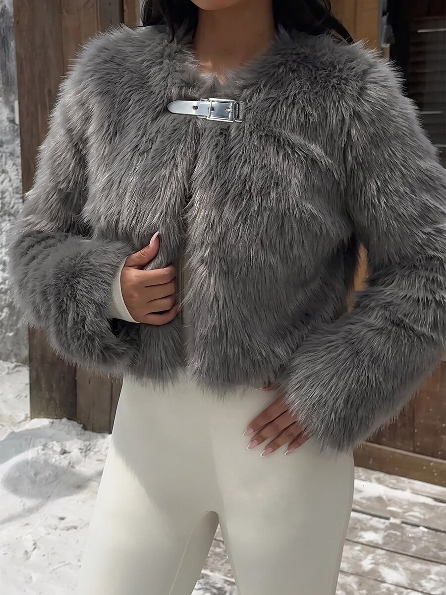SHEIN Holidaya Autumn/Winter New High-End Fashion Faux Fur High Waist Round Neck Jacket - Grey - View 1
