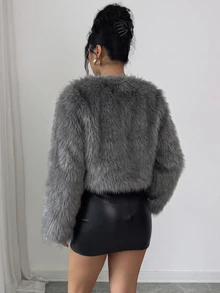 SHEIN Holidaya Autumn/Winter New High-End Fashion Faux Fur High Waist Round Neck Jacket - Grey - View 2