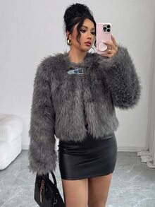 SHEIN Holidaya Autumn/Winter New High-End Fashion Faux Fur High Waist Round Neck Jacket - Grey - View 5