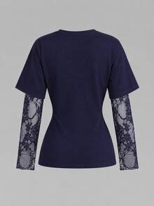 SHEIN Kids Tween Girl Tween Girls Tween Girl T-Shirts Navy Blue Knitted Waist Design Contrast Lace 2 In 1 Long Sleeve T-Shirt - Navy Blue - View 3