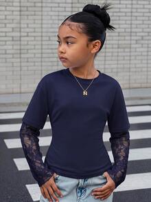 SHEIN Kids Tween Girl Tween Girls Tween Girl T-Shirts Navy Blue Knitted Waist Design Contrast Lace 2 In 1 Long Sleeve T-Shirt - Navy Blue - View 1