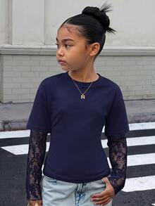 SHEIN Kids Tween Girl Tween Girls Tween Girl T-Shirts Navy Blue Knitted Waist Design Contrast Lace 2 In 1 Long Sleeve T-Shirt - Navy Blue - View 6