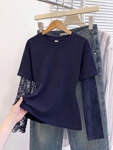 SHEIN Kids Tween Girl Tween Girls Tween Girl T-Shirts Navy Blue Knitted Waist Design Contrast Lace 2 In 1 Long Sleeve T-Shirt - Navy Blue - View 2