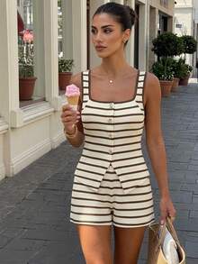 Lavishia Women's Striped Square Neck Single-Breasted Vest And Shorts Casual 2 Pieces Set - Coffee Brown - View 1