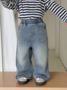 DAZY Baby Boy Elastic Waist Design Fashion Loose Fit Denim Jeans - Light Wash - View 1