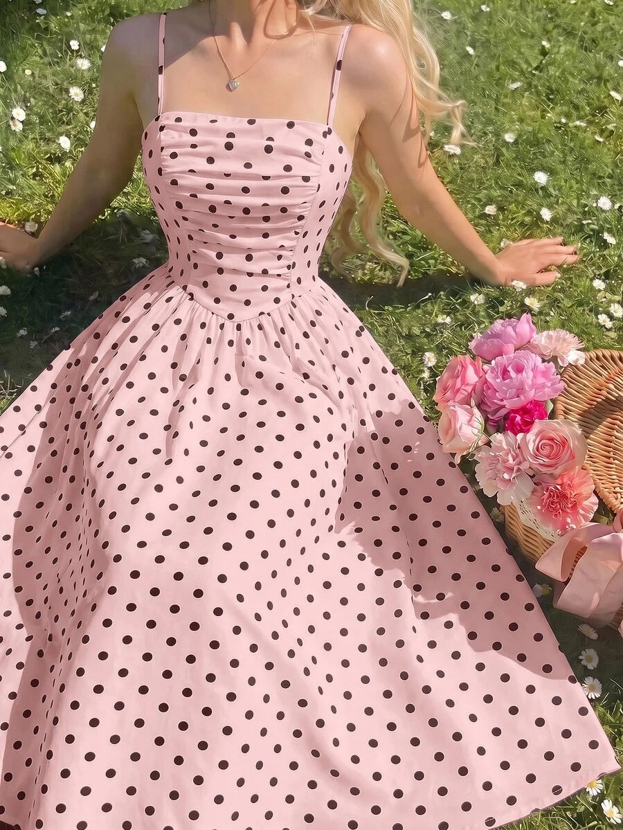 SHEIN MOD 復古浪漫法式經典抓皺粉黑波點細肩帶中長洋裝,適合度假、夏季野餐 - 淺粉色 - 查看 1