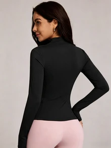 SHEIN Slim Fit Contrast Color Front Zipper Short Jacket, Women's Stand Collar Long Sleeve Black And White Striped Sports Crop Top - Black and White - View 2