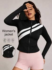 SHEIN Slim Fit Contrast Color Front Zipper Short Jacket, Women's Stand Collar Long Sleeve Black And White Striped Sports Crop Top - Black and White - View 1