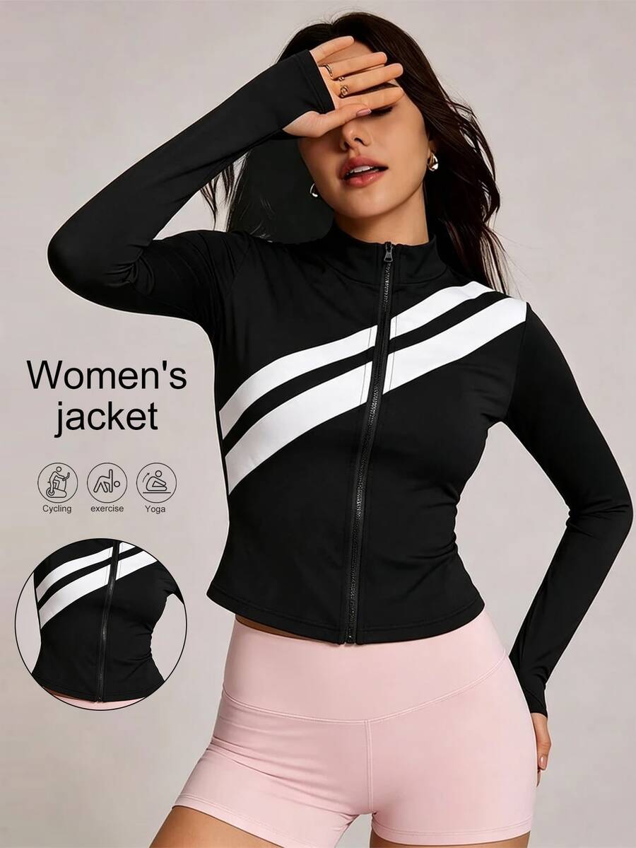 SHEIN Slim Fit Contrast Color Front Zipper Short Jacket, Women's Stand Collar Long Sleeve Black And White Striped Sports Crop Top - Black and White - View 1