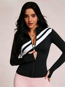 SHEIN Slim Fit Contrast Color Front Zipper Short Jacket, Women's Stand Collar Long Sleeve Black And White Striped Sports Crop Top - Black and White - View 3