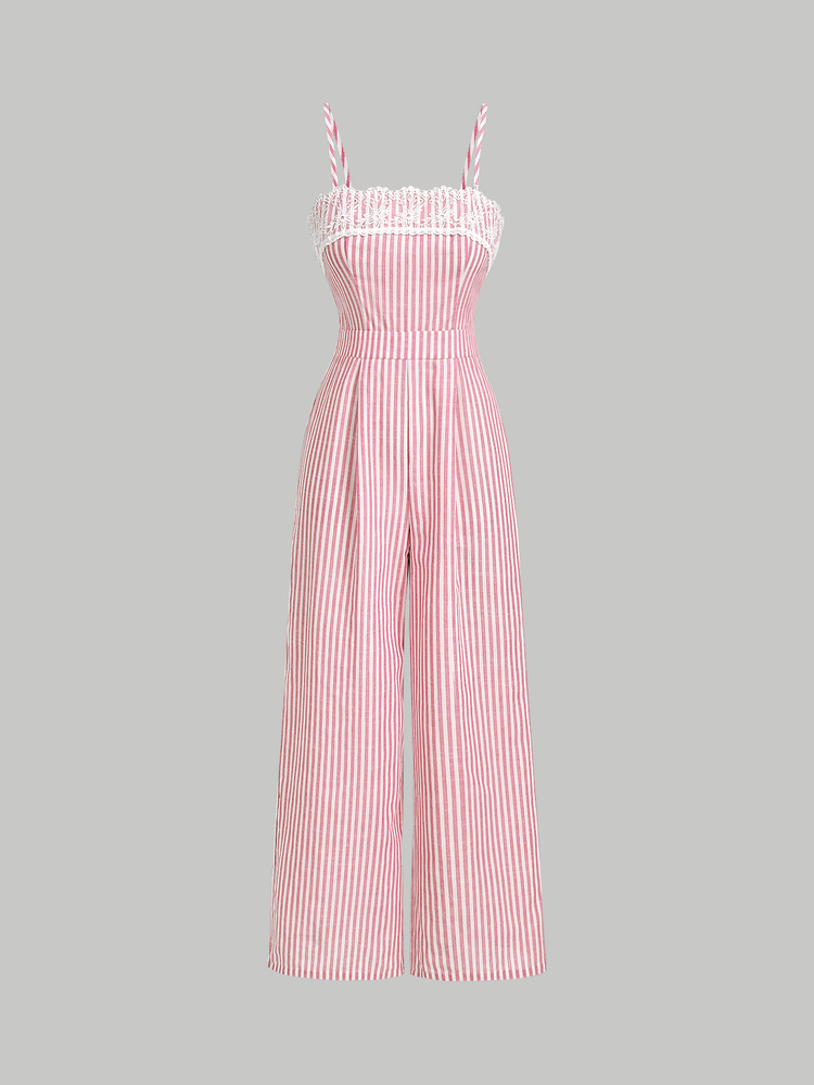SHEIN MOD Women's Lace Patchwork Vertical Stripe Cinched Cinched Waist Wide Leg Cami Jumpsuit Tea Party Picnic Vacation Dusty Pink Summer Romantic Cute - Pink - View 3
