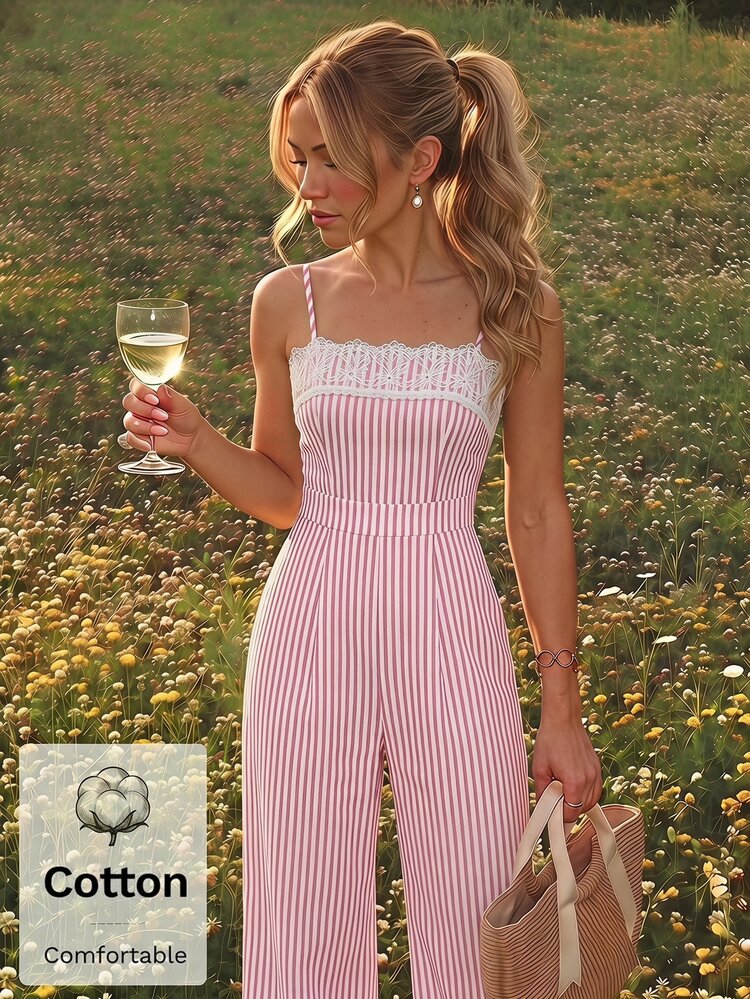SHEIN MOD Women's Lace Patchwork Vertical Stripe Cinched Cinched Waist Wide Leg Cami Jumpsuit Tea Party Picnic Vacation Dusty Pink Summer Romantic Cute - Pink - View 5