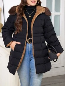 SHEIN Clasi Plus Size Hooded Long Sleeve Zipper Quilted Solid Color Winter Padded Coat Holiday Going Out Black Casual Anti Social - Black - View 8