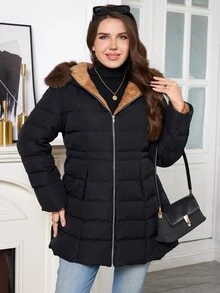SHEIN Clasi Plus Size Hooded Long Sleeve Zipper Quilted Solid Color Winter Padded Coat Holiday Going Out Black Casual Anti Social - Black - View 10