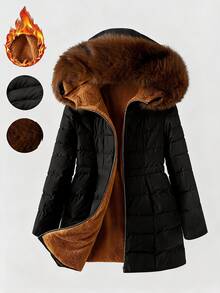 SHEIN Clasi Plus Size Hooded Long Sleeve Zipper Quilted Solid Color Winter Padded Coat Holiday Going Out Black Casual Anti Social - Black - View 3