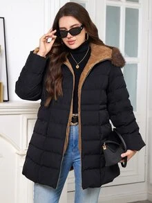 SHEIN Clasi Plus Size Hooded Long Sleeve Zipper Quilted Solid Color Winter Padded Coat Holiday Going Out Black Casual Anti Social - Black - View 9