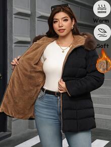 SHEIN Clasi Plus Size Hooded Long Sleeve Zipper Quilted Solid Color Winter Padded Coat Holiday Going Out Black Casual Anti Social - Black - View 5