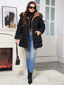 SHEIN Clasi Plus Size Hooded Long Sleeve Zipper Quilted Solid Color Winter Padded Coat Holiday Going Out Black Casual Anti Social - Black - View 11