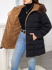 SHEIN Clasi Plus Size Hooded Long Sleeve Zipper Quilted Solid Color Winter Padded Coat Holiday Going Out Black Casual Anti Social - Black - View 13
