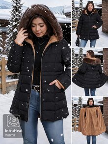 SHEIN Clasi Plus Size Hooded Long Sleeve Zipper Quilted Solid Color Winter Padded Coat Holiday Going Out Black Casual Anti Social - Black - View 2