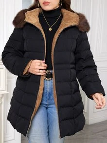 SHEIN Clasi Plus Size Hooded Long Sleeve Zipper Quilted Solid Color Winter Padded Coat Holiday Going Out Black Casual Anti Social - Black - View 6