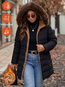 SHEIN Clasi Plus Size Hooded Long Sleeve Zipper Quilted Solid Color Winter Padded Coat Holiday Going Out Black Casual Anti Social - Black - View 4
