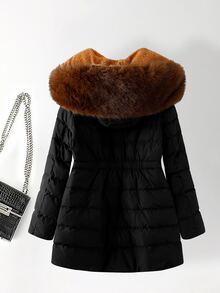 SHEIN Clasi Plus Size Hooded Long Sleeve Zipper Quilted Solid Color Winter Padded Coat Holiday Going Out Black Casual Anti Social - Black - View 14