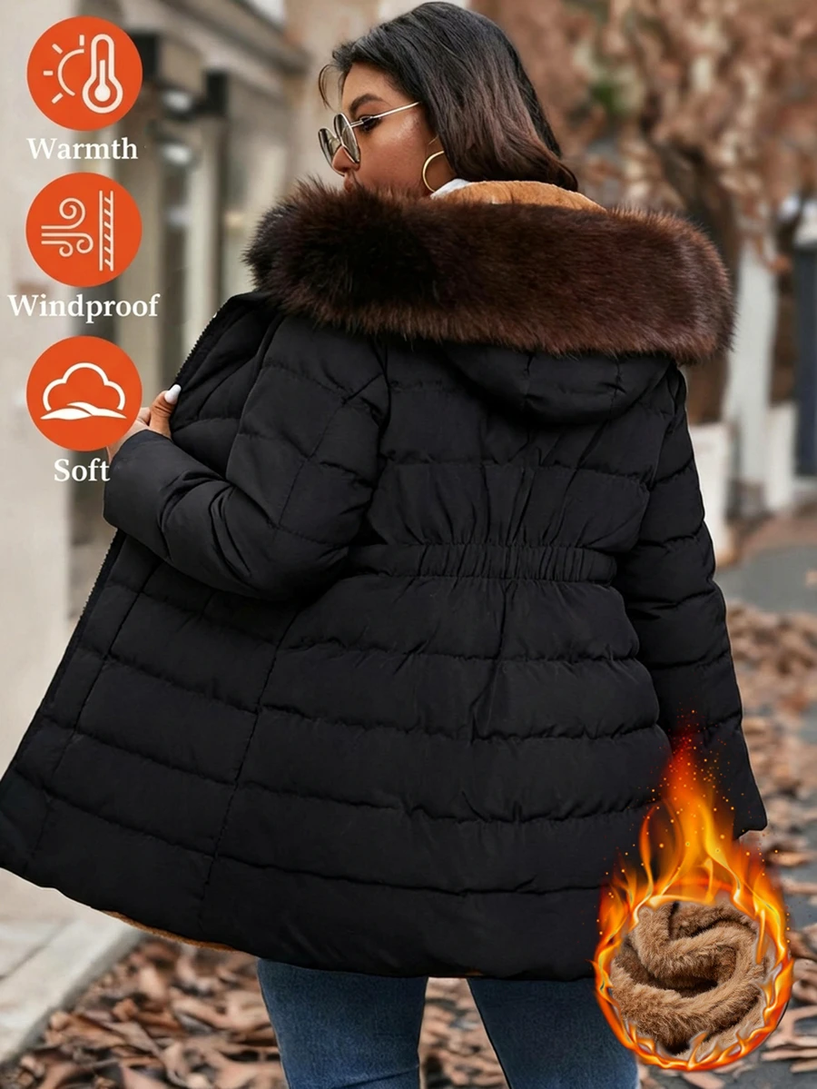 SHEIN Clasi Plus Size Hooded Long Sleeve Zipper Quilted Solid Color Winter Padded Coat Holiday Going Out Black Casual Anti Social - Black - View 1