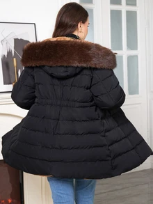 SHEIN Clasi Plus Size Hooded Long Sleeve Zipper Quilted Solid Color Winter Padded Coat Holiday Going Out Black Casual Anti Social - Black - View 12