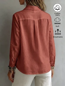 SHEIN EZwear 女款襯衫領長袖鈕扣設計休閒度假極簡日常外出上衣 浪漫穿搭 新款修身收腰秋季海灘風 - 亮橙色 - 查看 2