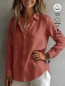 SHEIN EZwear 女款襯衫領長袖鈕扣設計休閒度假極簡日常外出上衣 浪漫穿搭 新款修身收腰秋季海灘風 - 亮橙色 - 查看 4