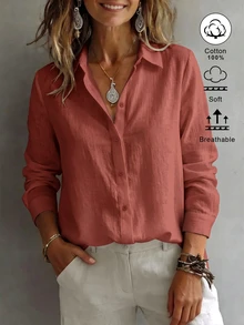 SHEIN EZwear 女款襯衫領長袖鈕扣設計休閒度假極簡日常外出上衣 浪漫穿搭 新款修身收腰秋季海灘風 - 亮橙色 - 查看 3
