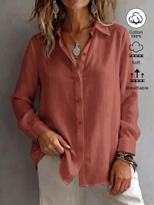 SHEIN EZwear 女款襯衫領長袖鈕扣設計休閒度假極簡日常外出上衣 浪漫穿搭 新款修身收腰秋季海灘風 - 亮橙色 - 查看 5