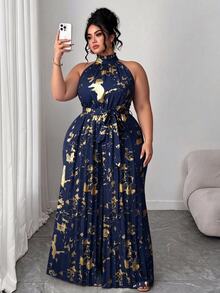 Elenzga Plus Size Women's Navy Blue Foil Pleated Halter Jumpsuit, Suitable For Spring, Summer, Autumn Travel, Wedding, Evening Party Formal And Elegant - Navy Blue - View 1