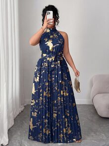 Elenzga Plus Size Women's Navy Blue Foil Pleated Halter Jumpsuit, Suitable For Spring, Summer, Autumn Travel, Wedding, Evening Party Formal And Elegant - Navy Blue - View 6