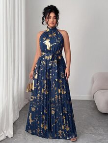 Elenzga Plus Size Women's Navy Blue Foil Pleated Halter Jumpsuit, Suitable For Spring, Summer, Autumn Travel, Wedding, Evening Party Formal And Elegant - Navy Blue - View 8