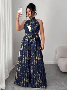 Elenzga Plus Size Women's Navy Blue Foil Pleated Halter Jumpsuit, Suitable For Spring, Summer, Autumn Travel, Wedding, Evening Party Formal And Elegant - Navy Blue - View 5